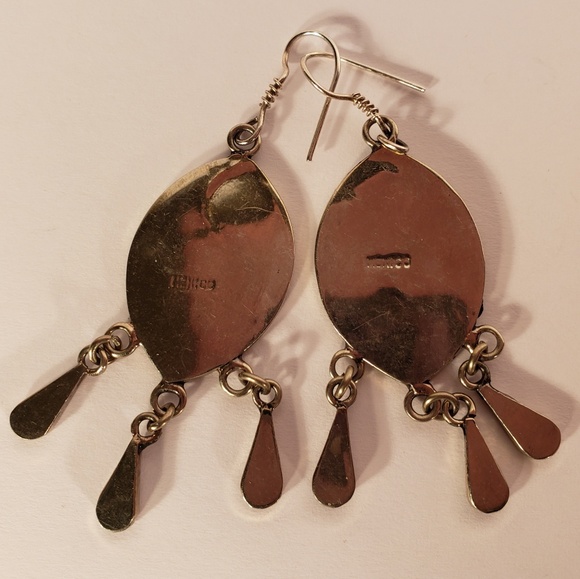 Vintage 1970s Drop Dangle Leaf Inlaid Earrings - Picture 4 of 5